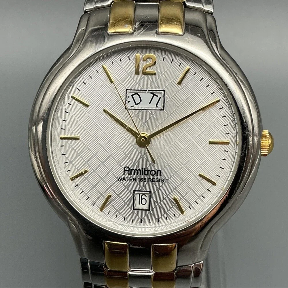 Armitron Mens Watch 35mm Silver Gold Two Tone Day Date 20/1730-1 New Battery